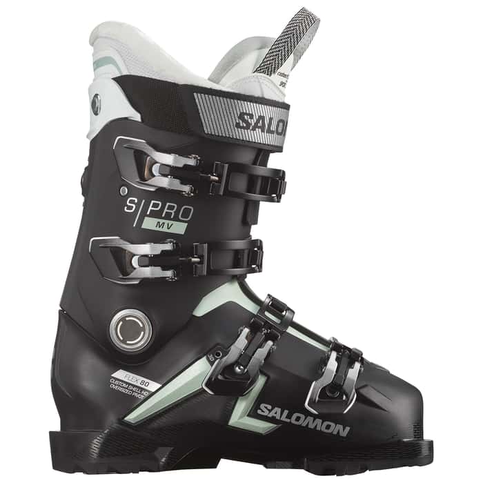 Salomon Women's S Pro MV 80 Ski Boots 2024 - Black ski boot with silver buckles and straps.