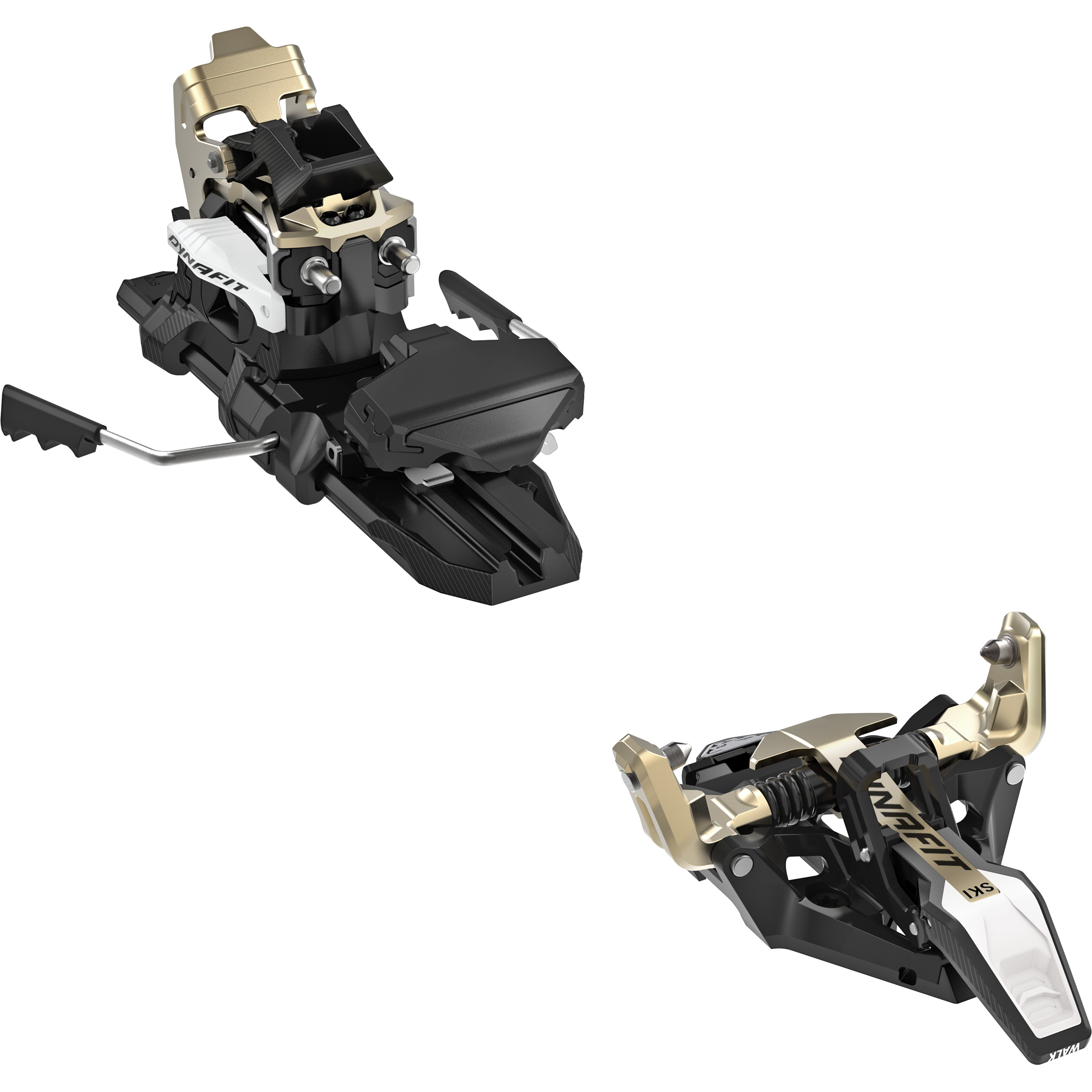Dynafit Ridge Alpine Touring Ski Binding - A black ski binding with a gold-colored metal component on top and a white logo that says "dynafit" in black letters.