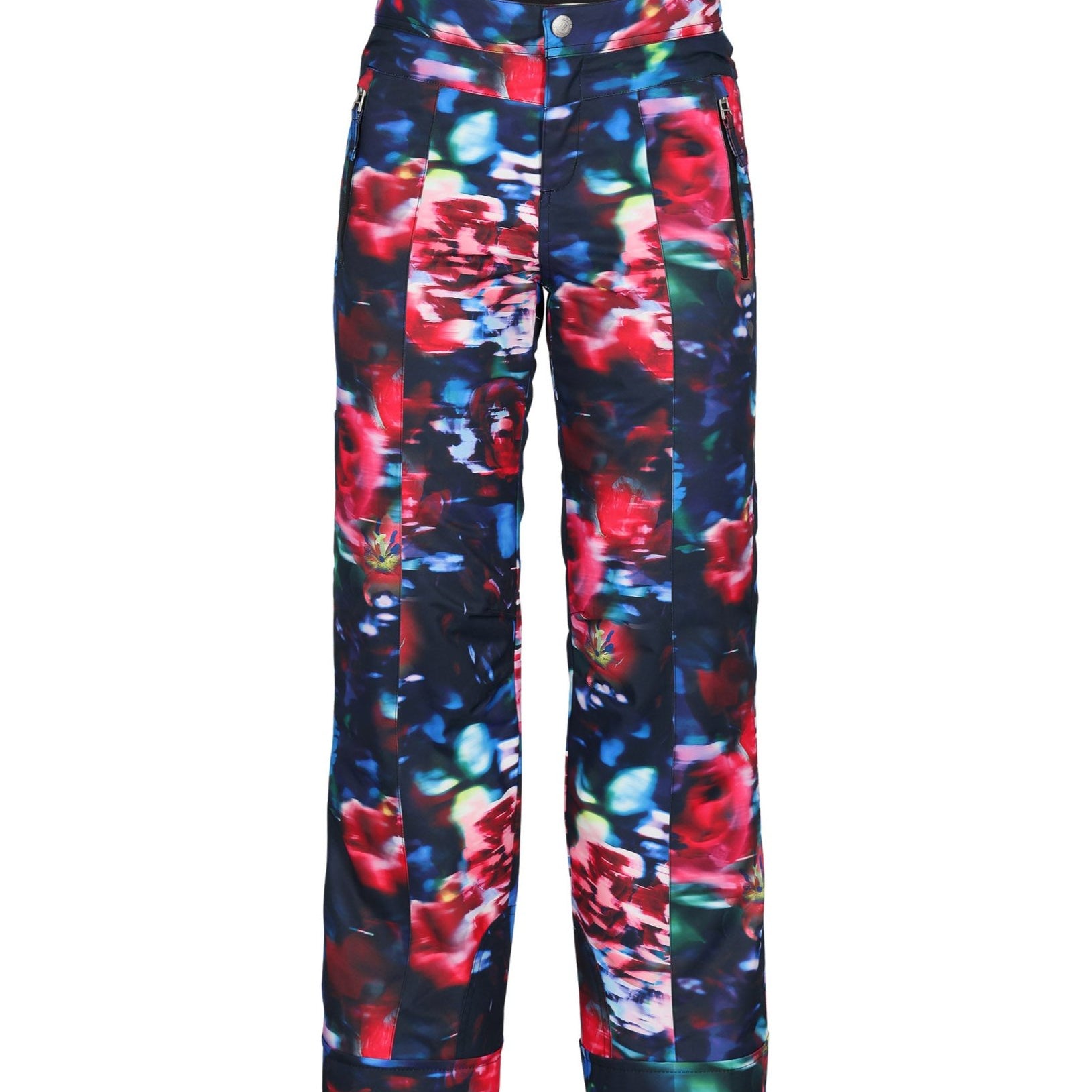 Obermeyer Girl's Brooke Print Pant 2025 - A pair of navy blue snow pants with a colorful floral pattern featuring red, pink, and green flowers.
