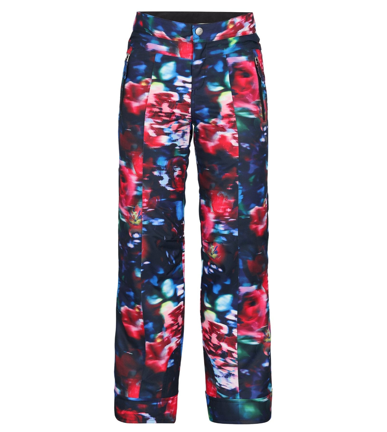 Obermeyer Girl's Brooke Print Pant 2025 - A pair of navy blue snow pants with a colorful floral pattern featuring red, pink, and green flowers.