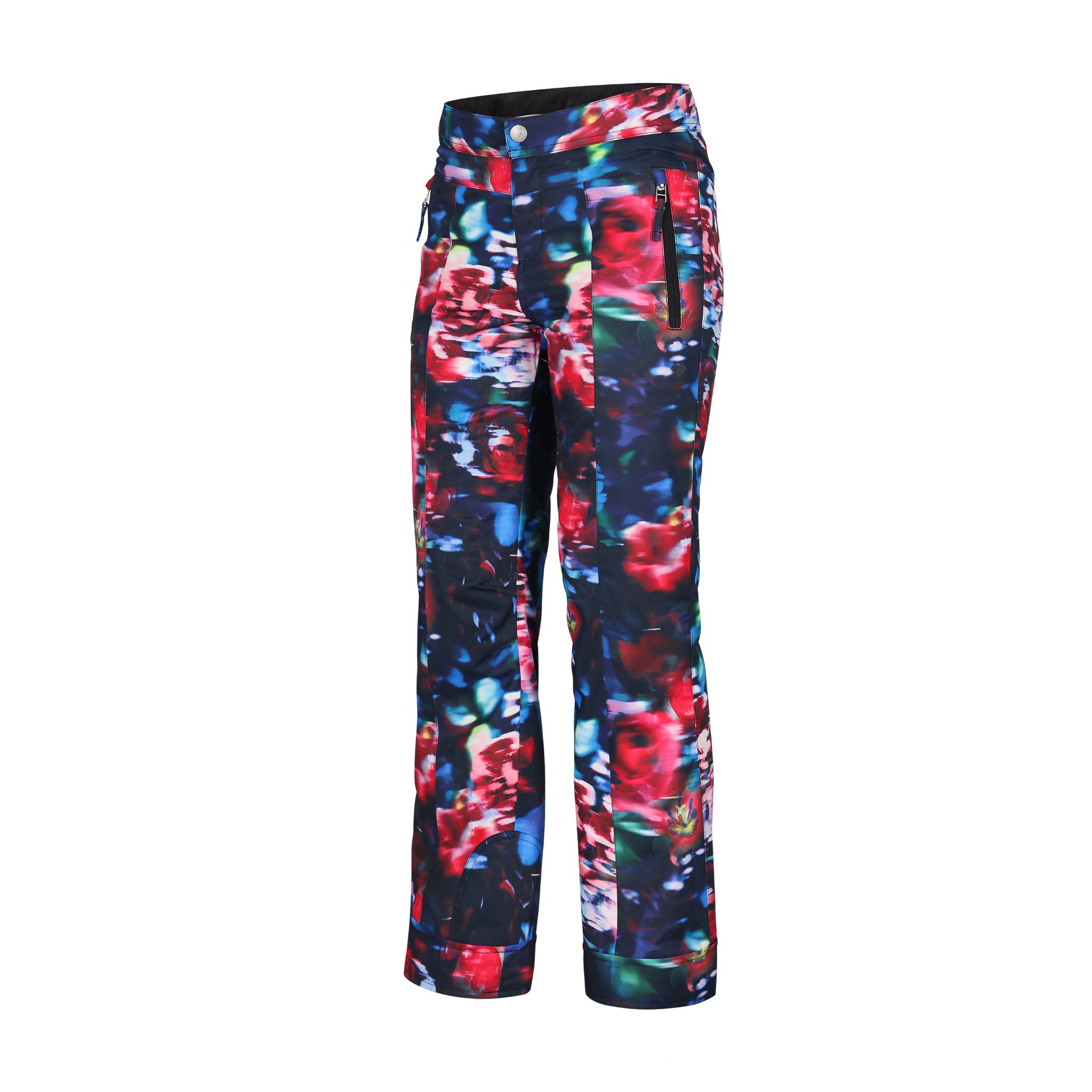 Obermeyer Girl's Brooke Print Pant 2025 - A pair of navy blue snow pants with a colorful abstract floral print featuring shades of pink, green, and white.