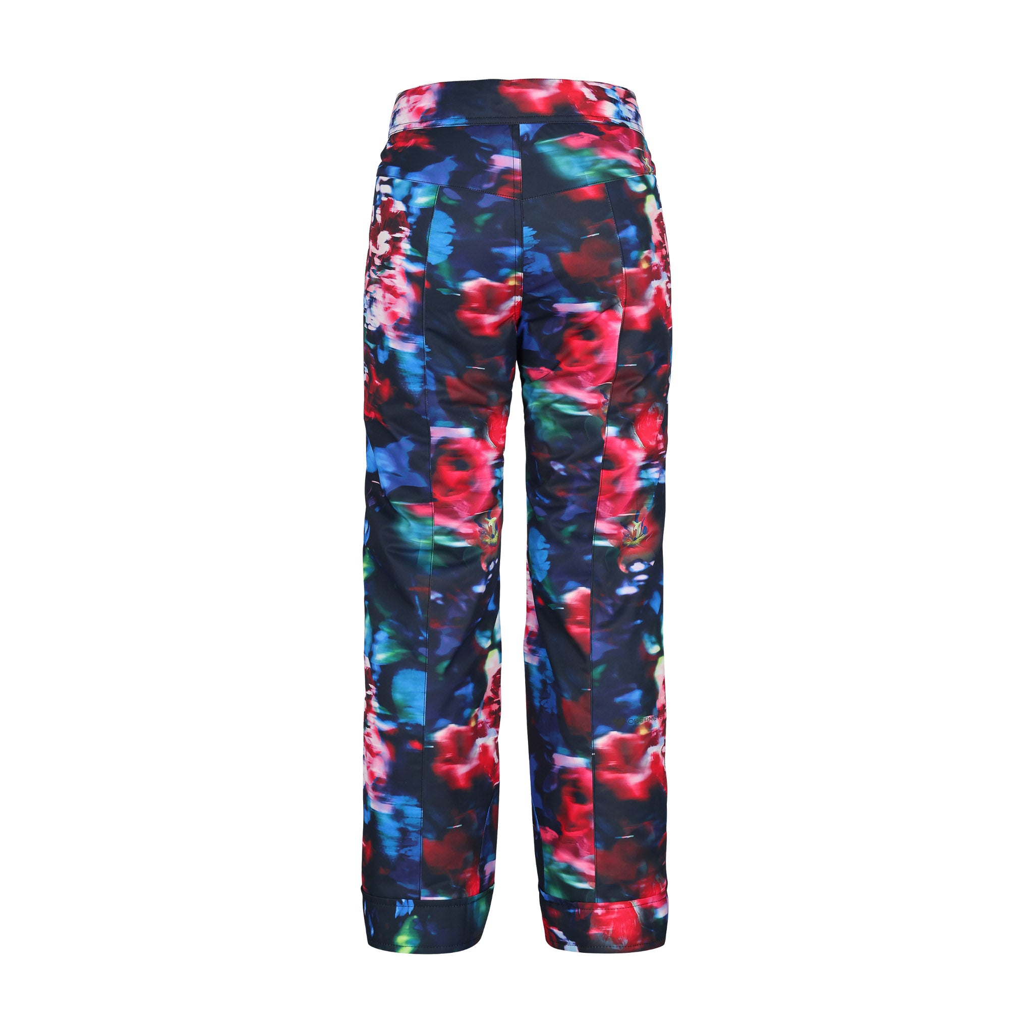Obermeyer Girl's Brooke Print Pant 2025 - A pair of navy blue snow pants with a colorful floral print featuring pink, green, and white flowers.