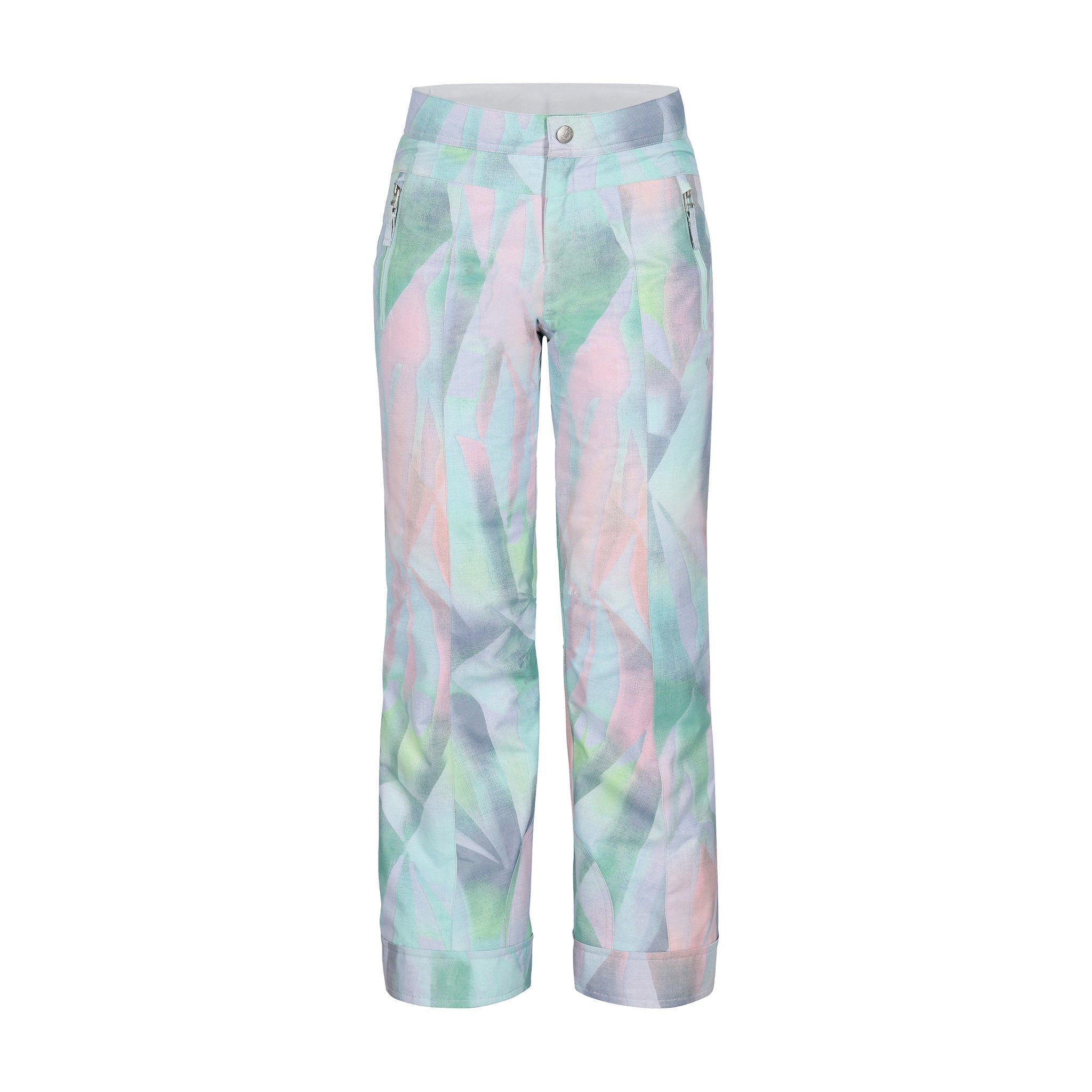 Obermeyer Girl's Brooke Print Pant 2025 - Pastel-colored abstract floral pattern on a light blue background with darker blue and pink accents.