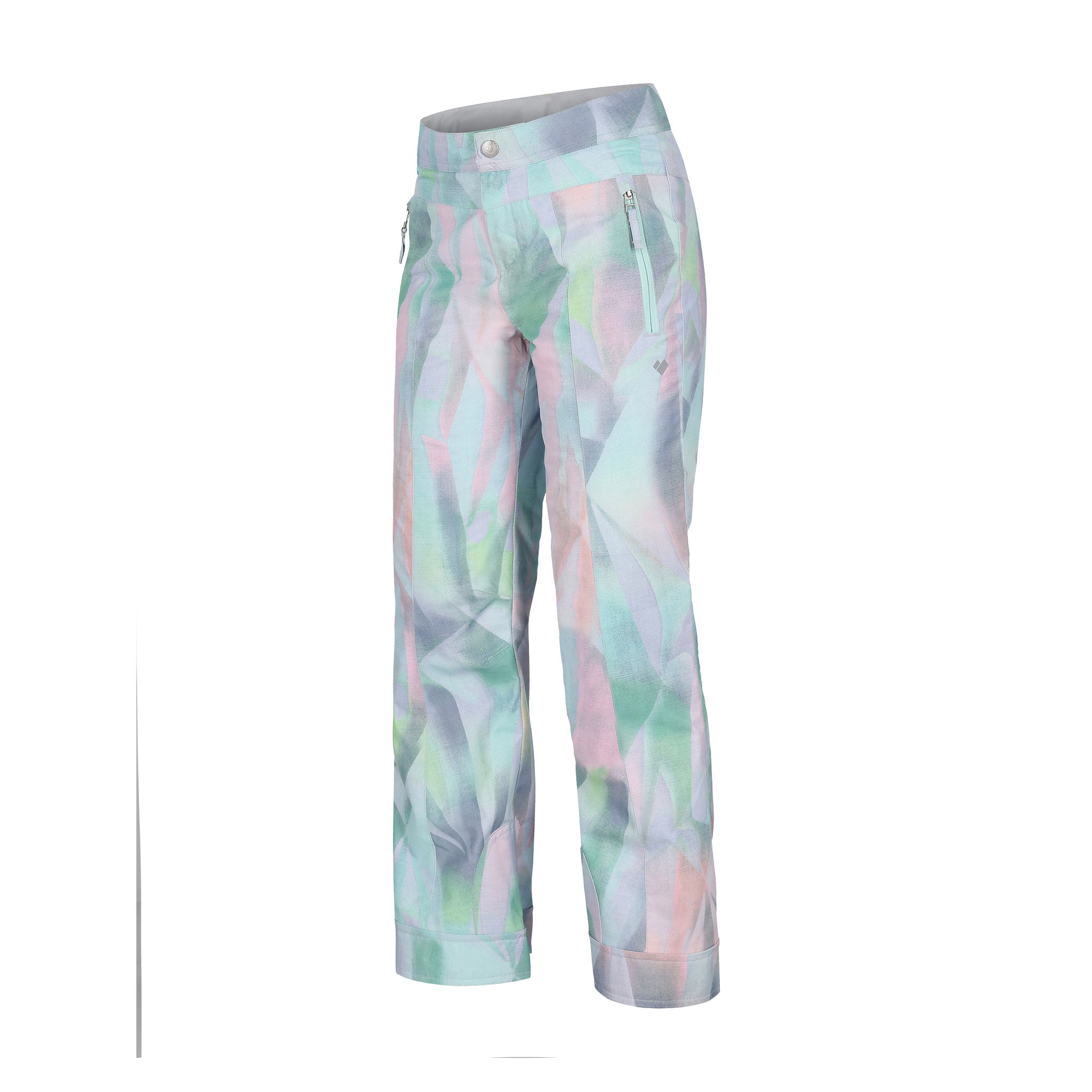 Obermeyer Girl's Brooke Print Pant 2025 - Pastel-colored geometric print snow pants with a zippered pocket on the side and adjustable cuffs at the bottom.