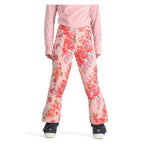 Obermeyer Girl's Brooke Print Pant 2025 - A pair of pink snow pants with a floral pattern featuring red, orange, and green flowers.