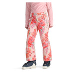 Obermeyer Girl's Brooke Print Pant 2025 - A pair of pink snow pants with a floral pattern featuring red, orange, and green flowers.