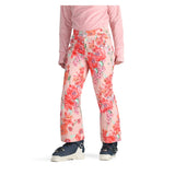 Obermeyer Girl's Brooke Print Pant 2025 - A pair of pink snow pants with a floral pattern featuring red, orange, and green flowers.