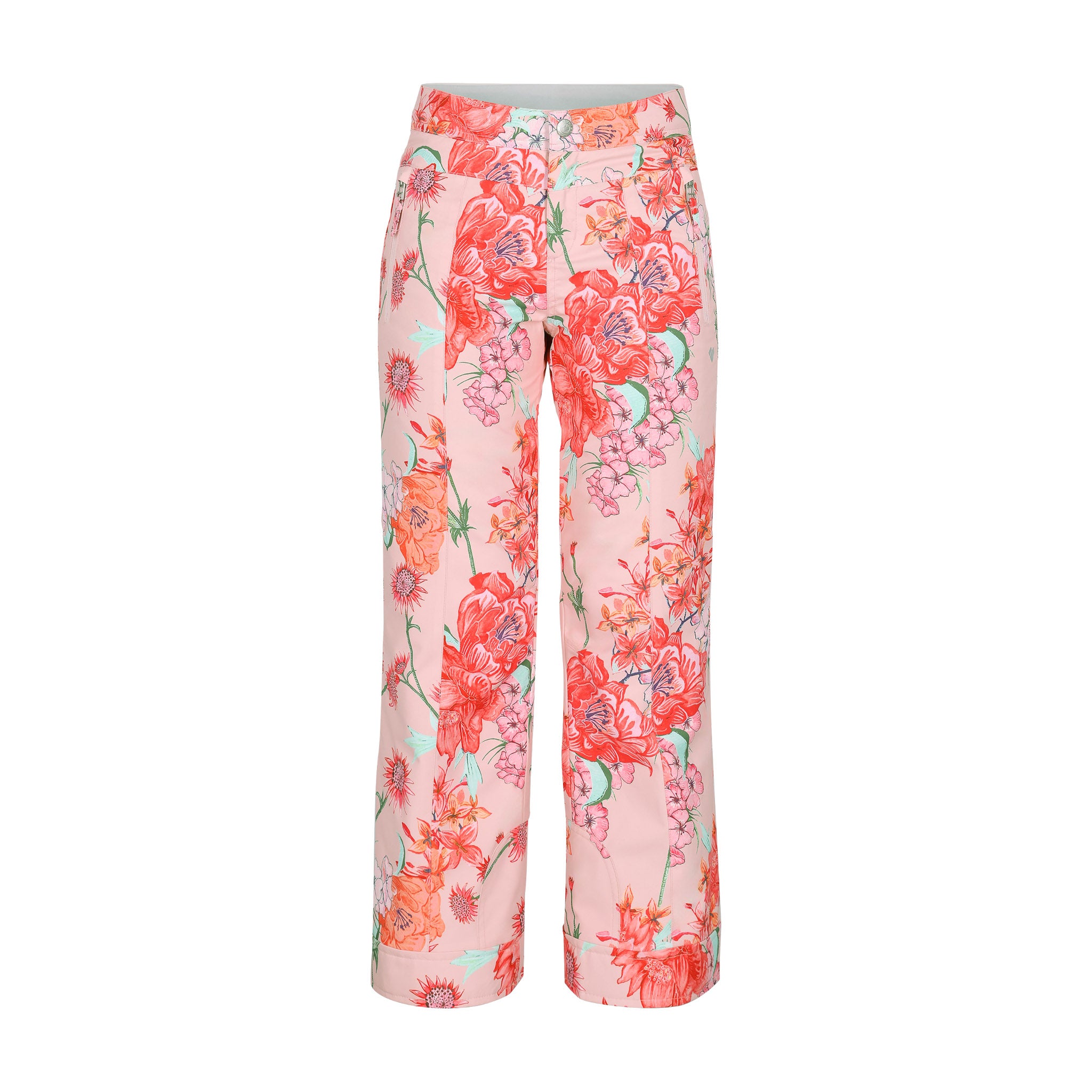 Obermeyer Girl's Brooke Print Pant 2025 - A pair of pink pants with a floral pattern featuring red and orange flowers.