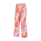 Obermeyer Girl's Brooke Print Pant 2025 - A pair of pink snow pants with a floral pattern featuring red, orange, and green flowers.