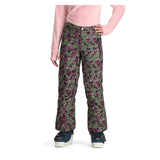 Obermeyer Girl's Brooke Print Pant 2025 - A green snow pant with a purple and white abstract pattern.