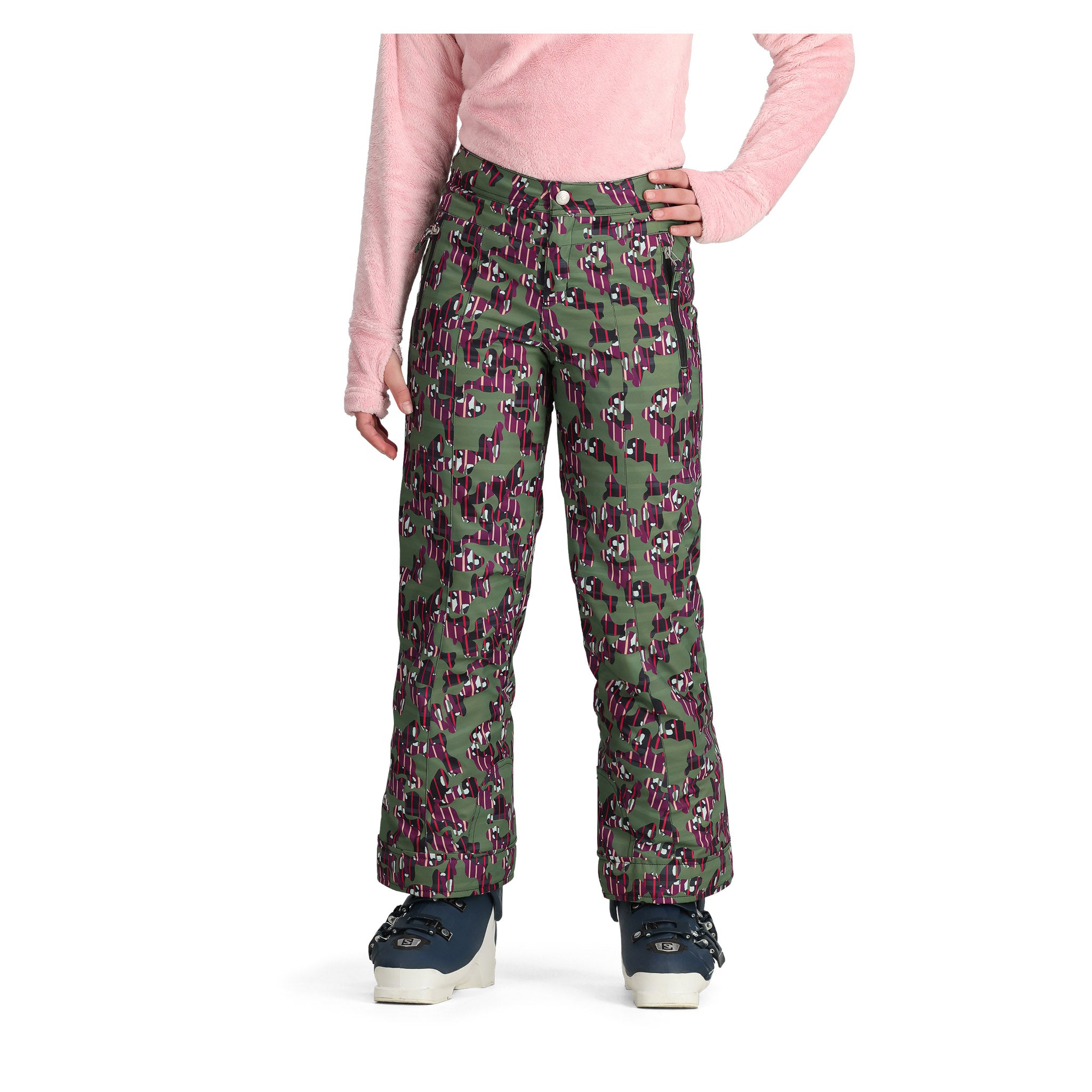 Obermeyer Girl's Brooke Print Pant 2025 - A green snow pant with a purple and white abstract pattern.