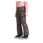 Obermeyer Girl's Brooke Print Pant 2025 - A green snow pant with a pink and white abstract pattern.