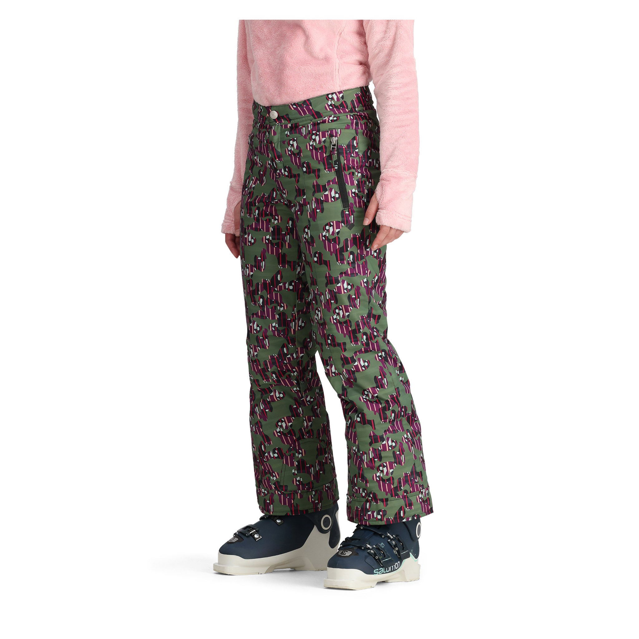 Obermeyer Girl's Brooke Print Pant 2025 - A green snow pant with a pink and white abstract pattern.