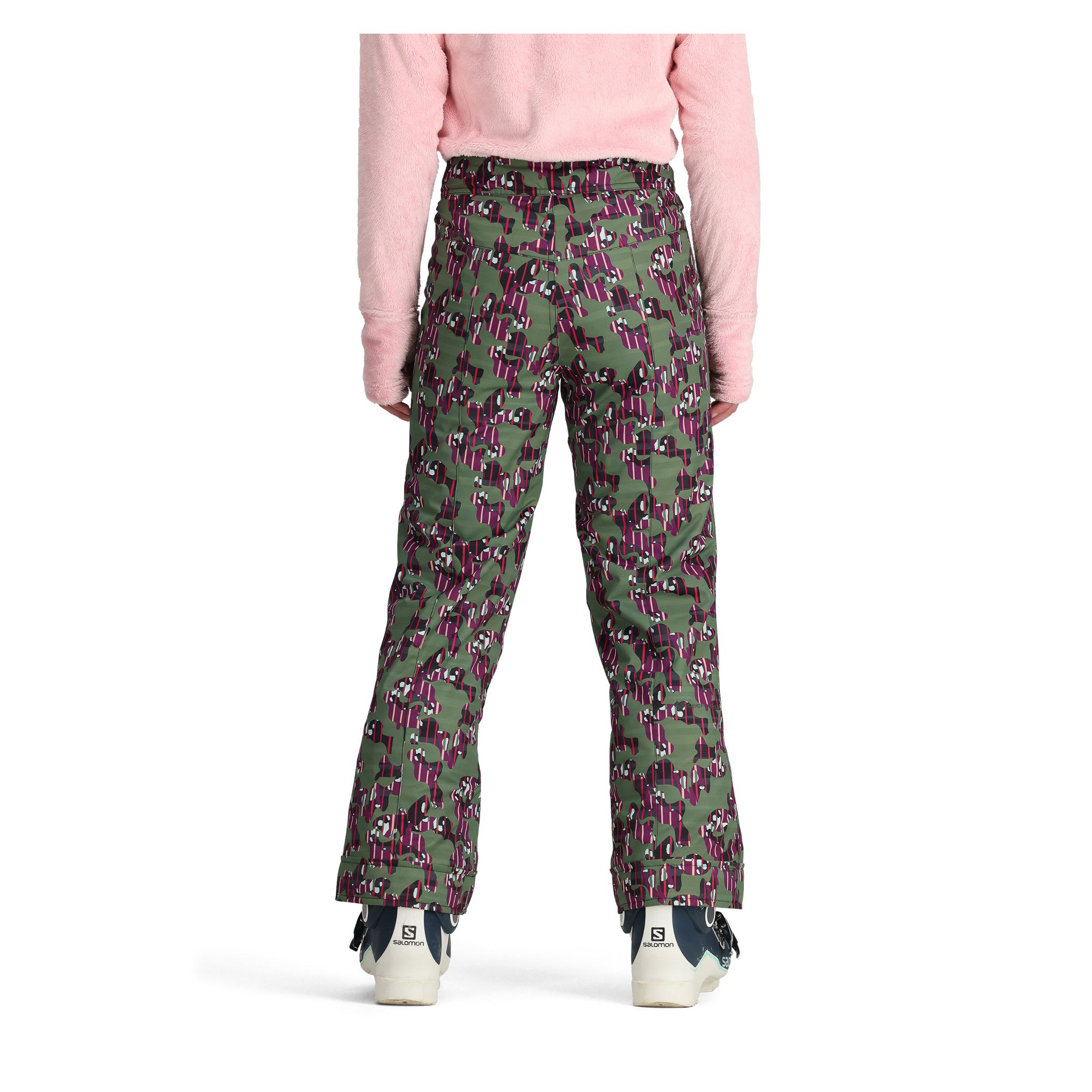 Obermeyer Girl's Brooke Print Pant 2025 - A pair of green snow pants with a purple and white abstract pattern.