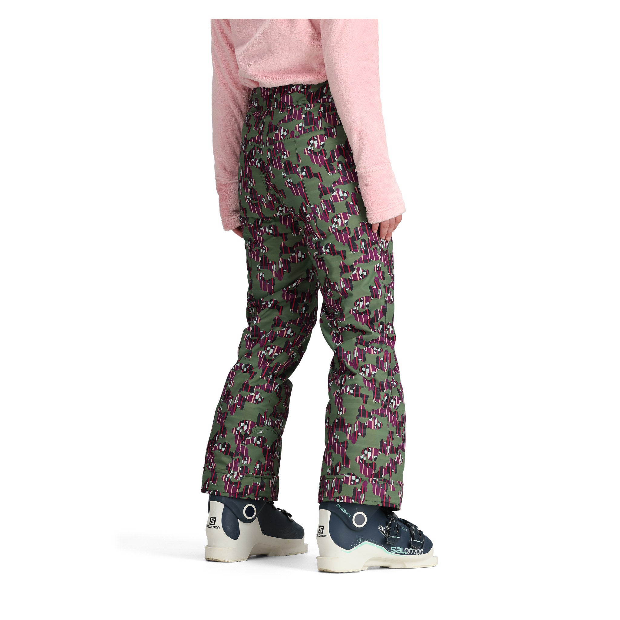 Obermeyer Girl's Brooke Print Pant 2025 - A pair of green snow pants with a purple and white abstract pattern.
