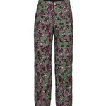 Obermeyer Girl's Brooke Print Pant 2025 - A pair of green ski pants with a purple and white abstract pattern.