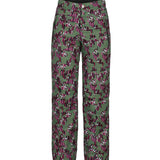 Obermeyer Girl's Brooke Print Pant 2025 - A pair of green ski pants with a purple and white abstract pattern.