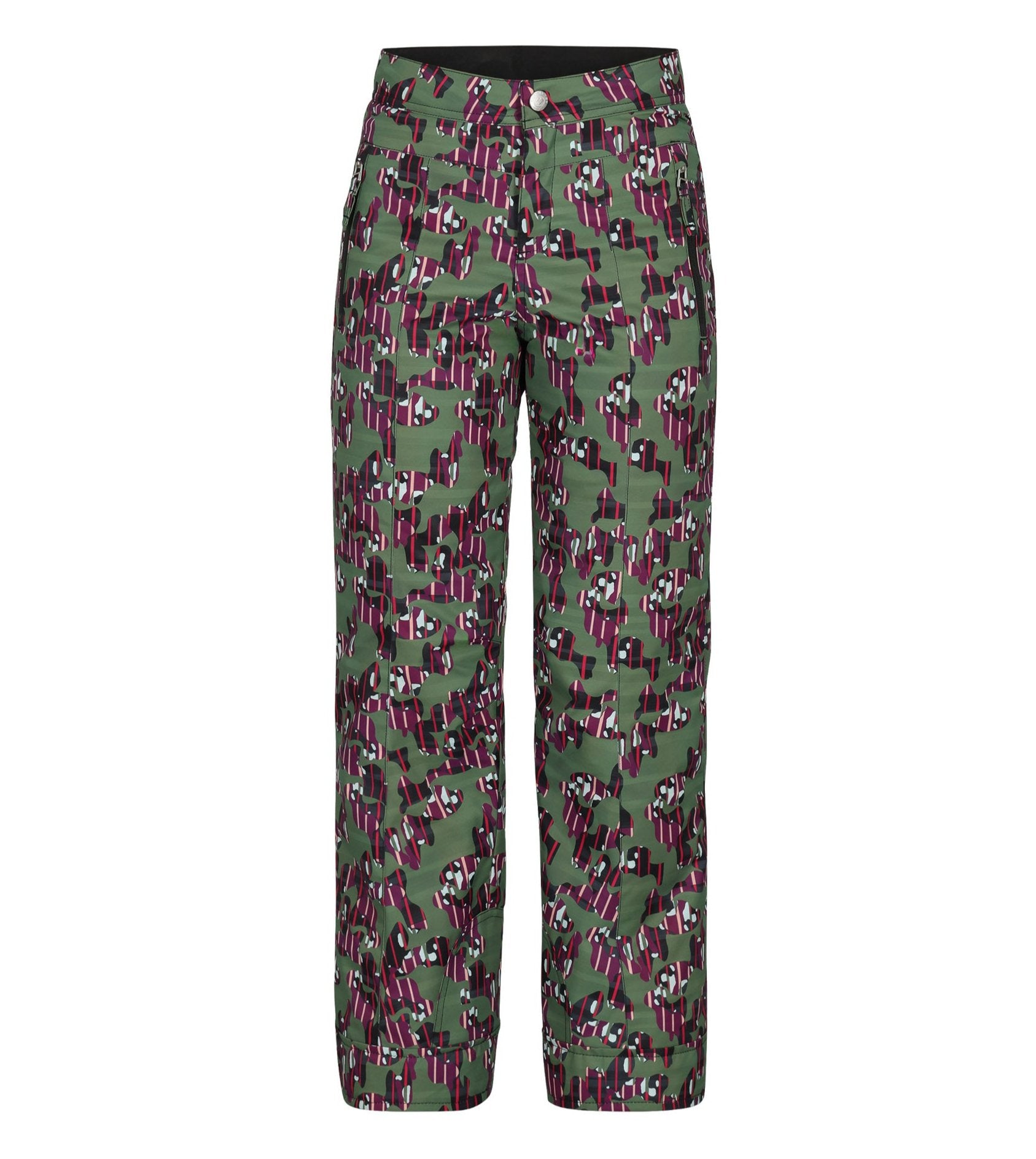 Obermeyer Girl's Brooke Print Pant 2025 - A pair of green ski pants with a purple and white abstract pattern.
