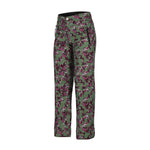 Obermeyer Girl's Brooke Print Pant 2025 - A pair of green snow pants with a repeating pattern of pink and white stripes.