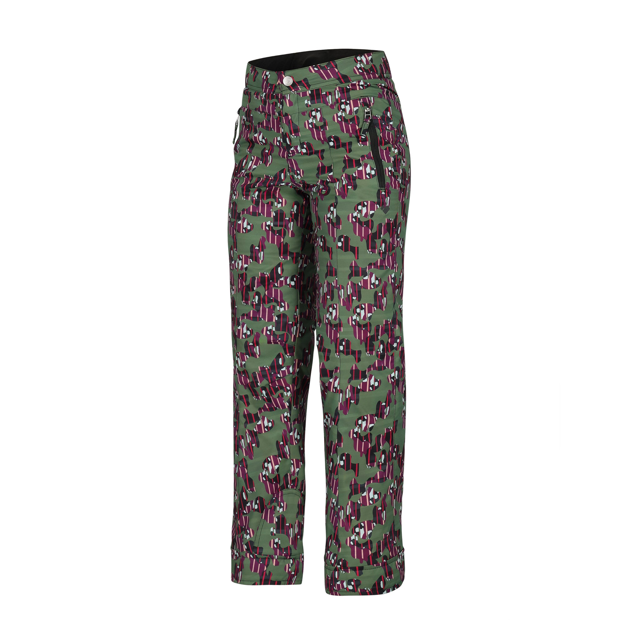 Obermeyer Girl's Brooke Print Pant 2025 - A pair of green snow pants with a repeating pattern of pink and white stripes.