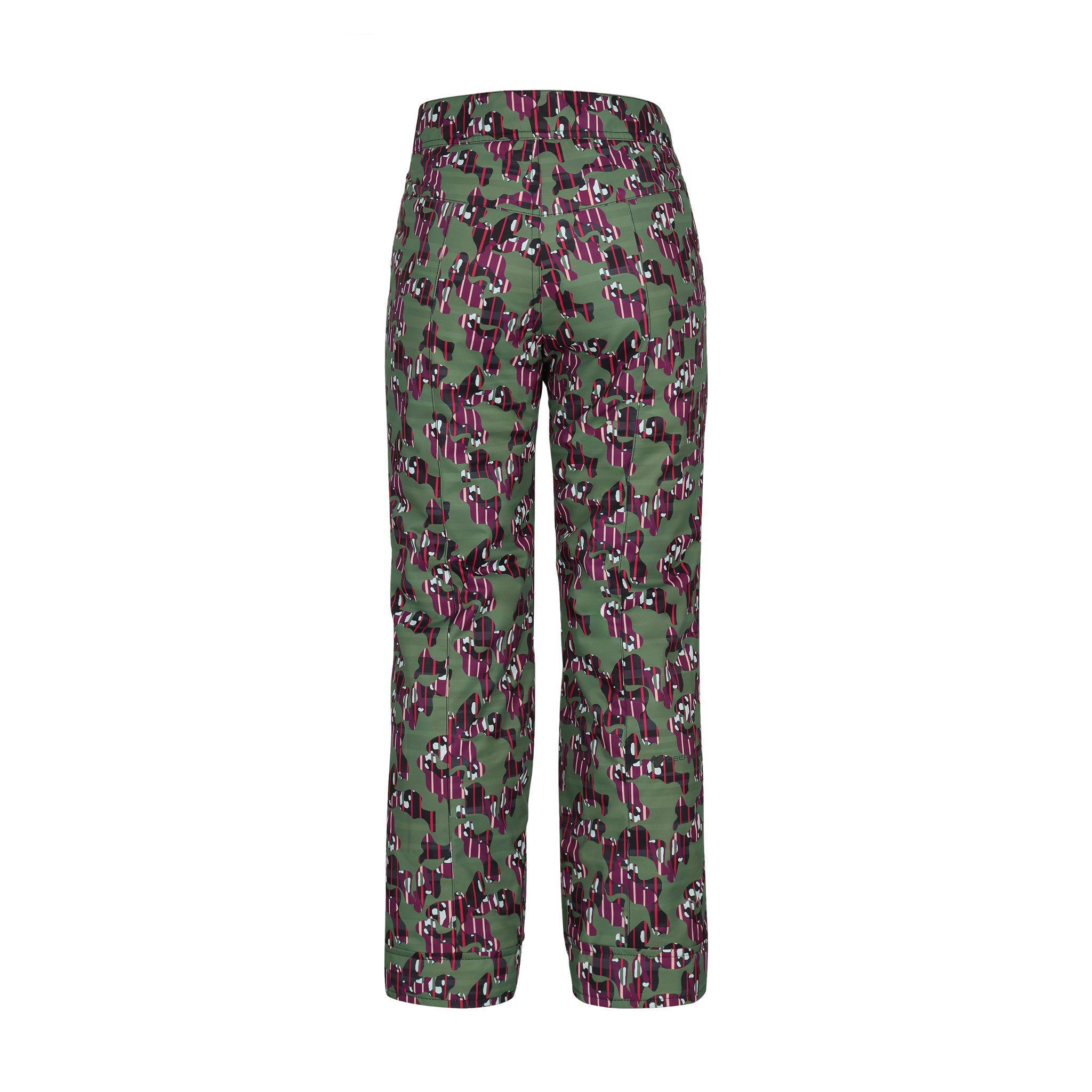 Obermeyer Girl's Brooke Print Pant 2025 - A pair of green ski pants with a purple and black abstract pattern.