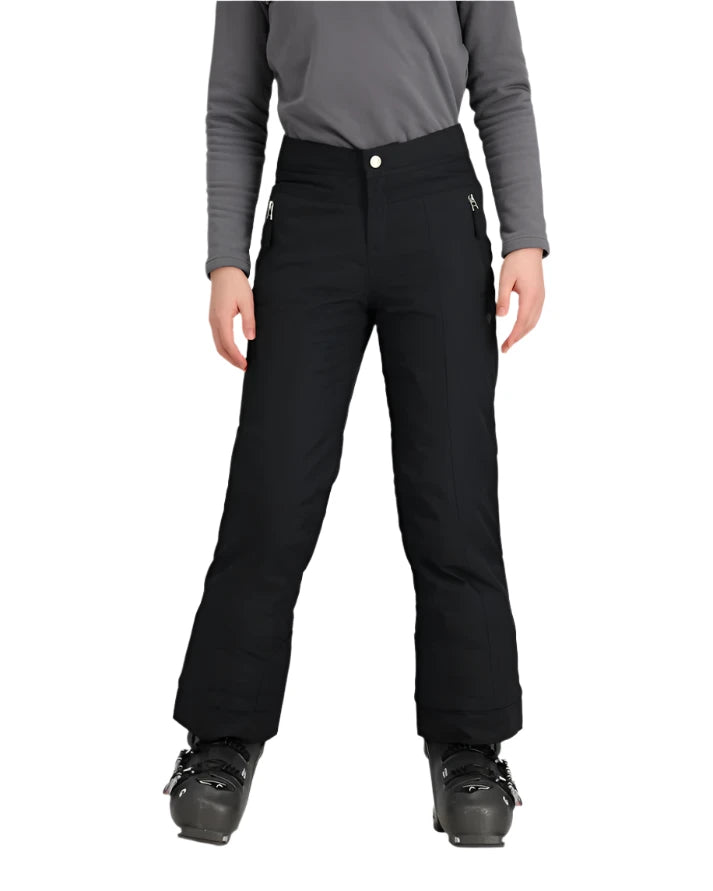 Obermeyer Girl's Brooke Insulated Pant 2025 - Black snow pants with white zipper and logo on left leg pocket.