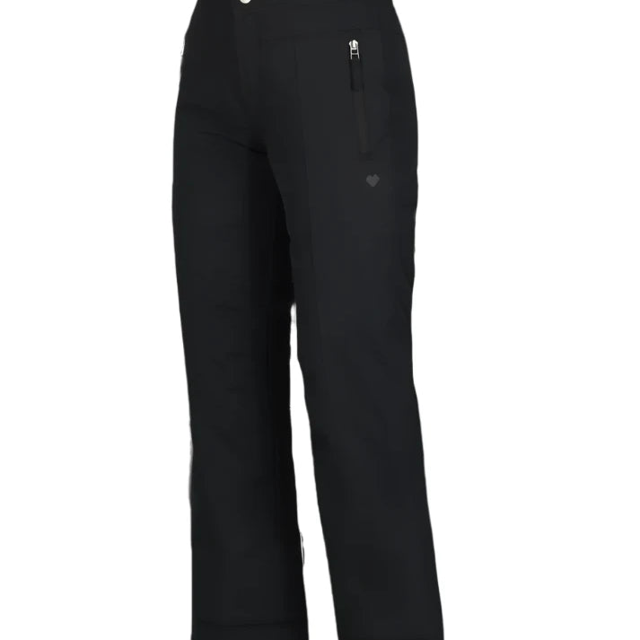 Obermeyer Girl's Brooke Insulated Pant 2025 - Black insulated ski pants with a small white logo on the left hip and a zippered pocket on the right thigh.