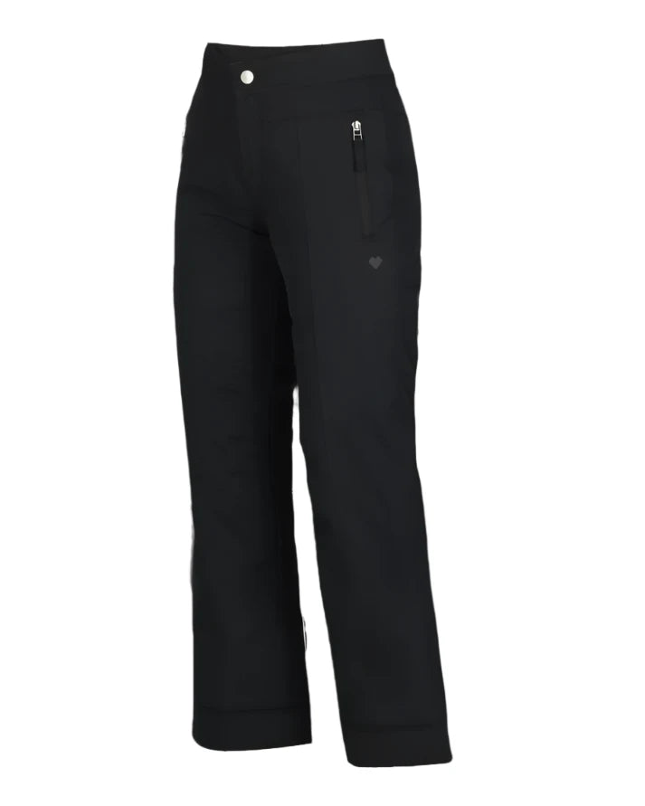 Obermeyer Girl's Brooke Insulated Pant 2025 - Black insulated ski pants with a small white logo on the left hip and a zippered pocket on the right thigh.