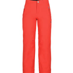 Obermeyer Girl's Brooke Insulated Pant 2025 - A pair of coral-colored snow pants with silver zippers on the side pockets and a black logo on the right leg.