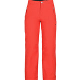 Obermeyer Girl's Brooke Insulated Pant 2025 - A pair of coral-colored snow pants with silver zippers on the side pockets and a black logo on the right leg.