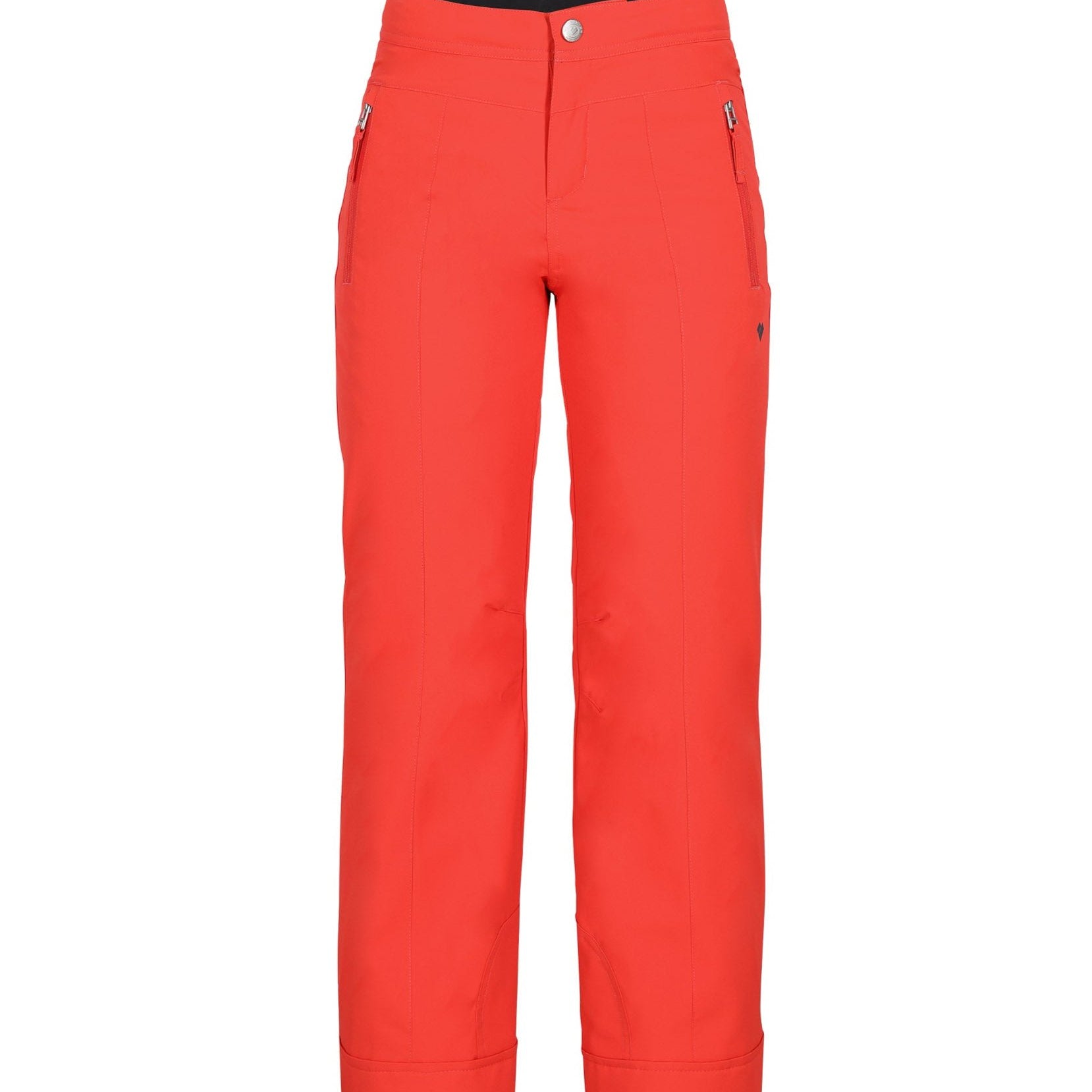 Obermeyer Girl's Brooke Insulated Pant 2025 - A pair of coral-colored snow pants with silver zippers on the side pockets and a black logo on the right leg.