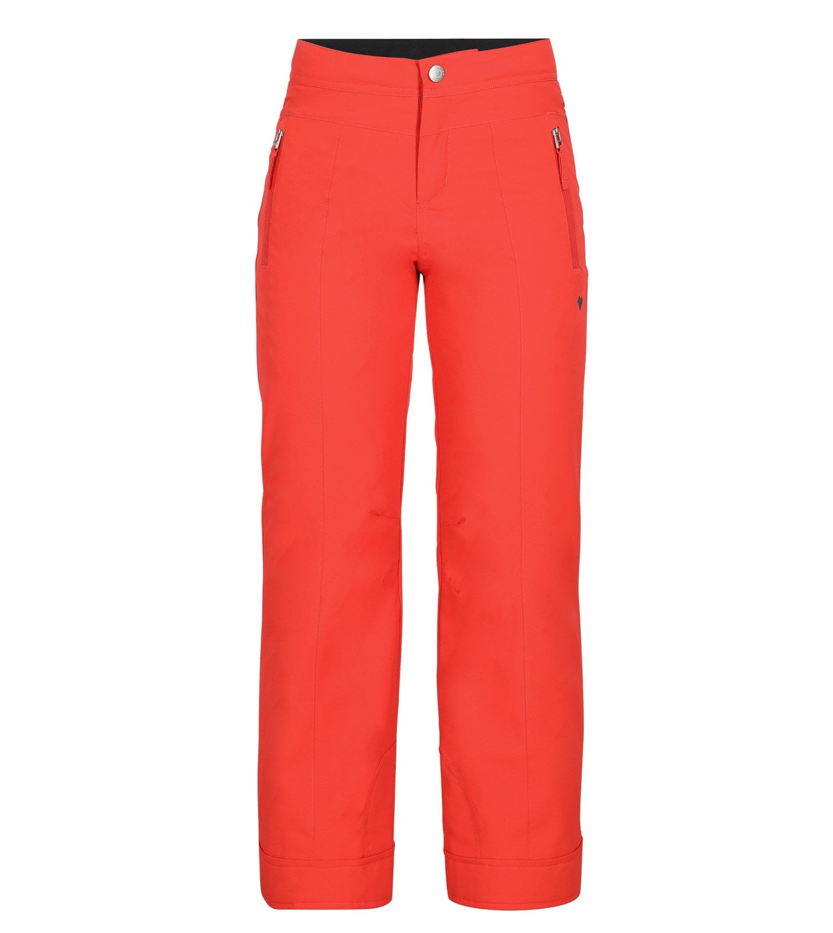 Obermeyer Girl's Brooke Insulated Pant 2025 - A pair of coral-colored snow pants with silver zippers on the side pockets and a black logo on the right leg.