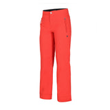 Obermeyer Girl's Brooke Insulated Pant 2025 - A pair of coral-colored snow pants with a black interior lining, featuring two zippered pockets on the front and a small logo on the left thigh.