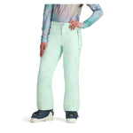 Obermeyer Girl's Brooke Insulated Pant 2025 - A pair of mint green snow pants with a zippered pocket on the right thigh and a small silver zipper pull.