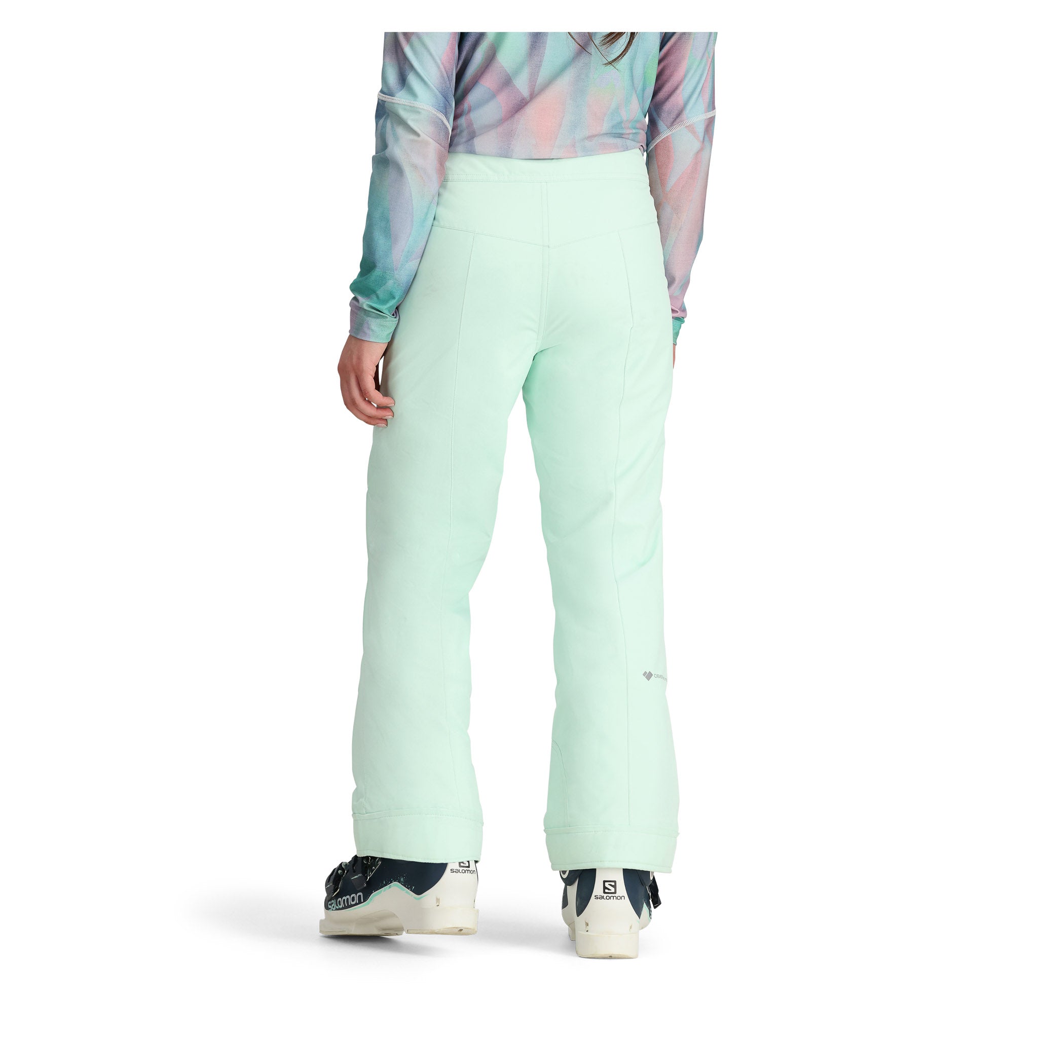 Obermeyer Girl's Brooke Insulated Pant 2025 - A pair of mint green snow pants with a subtle geometric pattern on the upper thigh area.