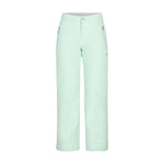 Obermeyer Girl's Brooke Insulated Pant 2025 - A pair of mint green snow pants with a silver zipper on the right pocket and a small logo on the left thigh.