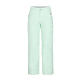 Obermeyer Girl's Brooke Insulated Pant 2025 - A pair of mint green snow pants with a silver zipper on the right pocket and a small logo on the left thigh.
