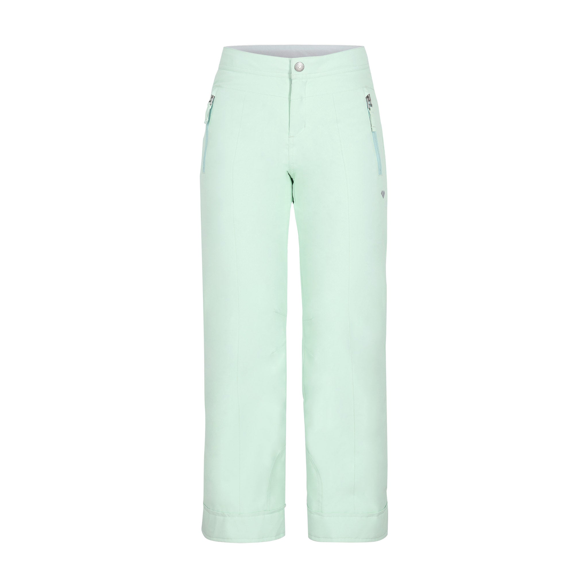 Obermeyer Girl's Brooke Insulated Pant 2025 - A pair of mint green snow pants with a silver zipper on the right pocket and a small logo on the left thigh.