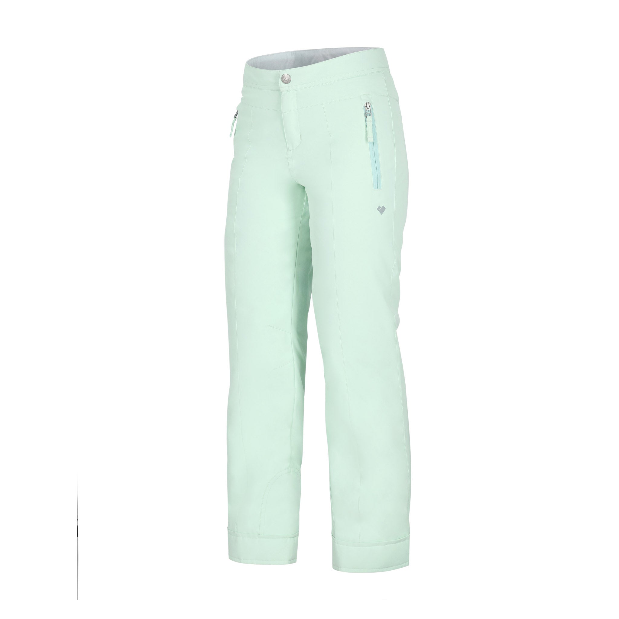 Obermeyer Girl's Brooke Insulated Pant 2025 - A pair of mint green snow pants with a zippered pocket on the right thigh and a small silver zipper pull.