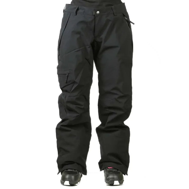 The 686 Dulca Women's Insulated Pants 2023 are black with an adjustable waistband and belt loops on the front view.