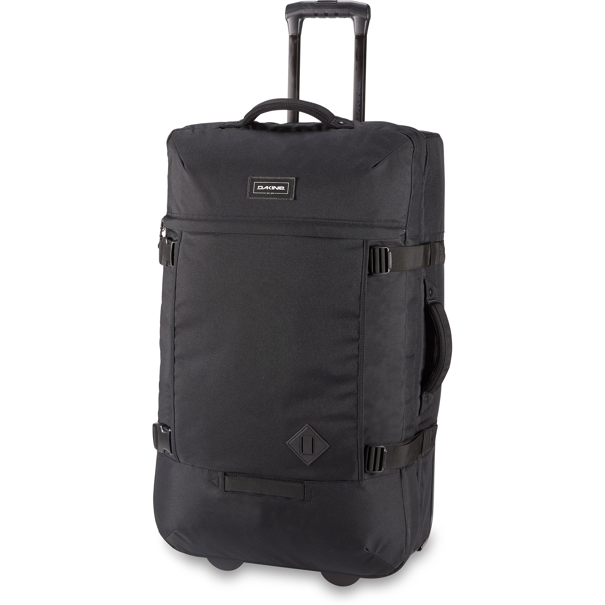 Dakine 365 Roller 100L Bag - A black roller bag with a handle and wheels, featuring a zippered pocket on its side.