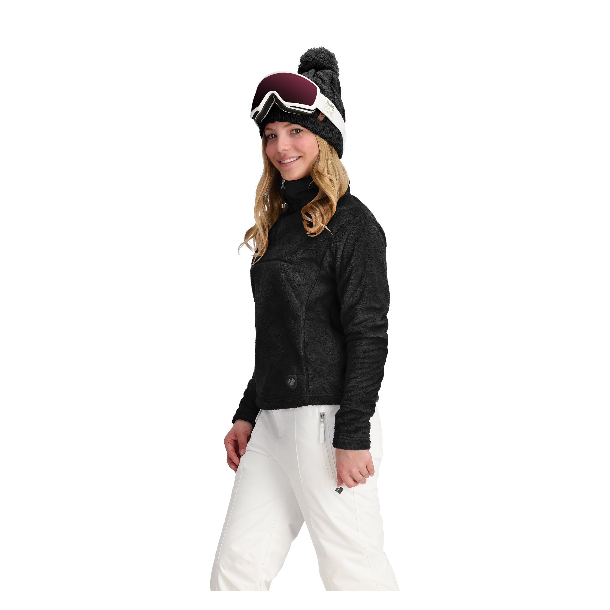 Obermeyer Girl's Furry Fleece Top - A black fleece top with a furry texture and zippered pocket on the side.