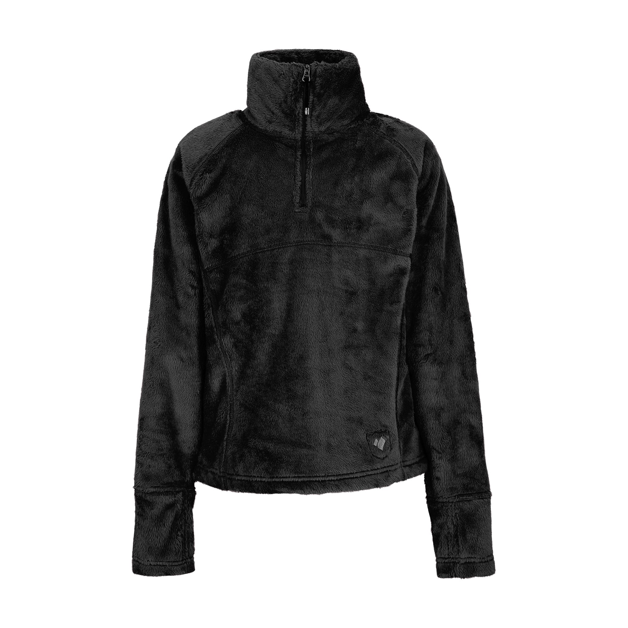 Obermeyer Girl's Furry Fleece Top 2025 - A black fleece top with a high collar and zipper, featuring a small logo on the bottom right side.
