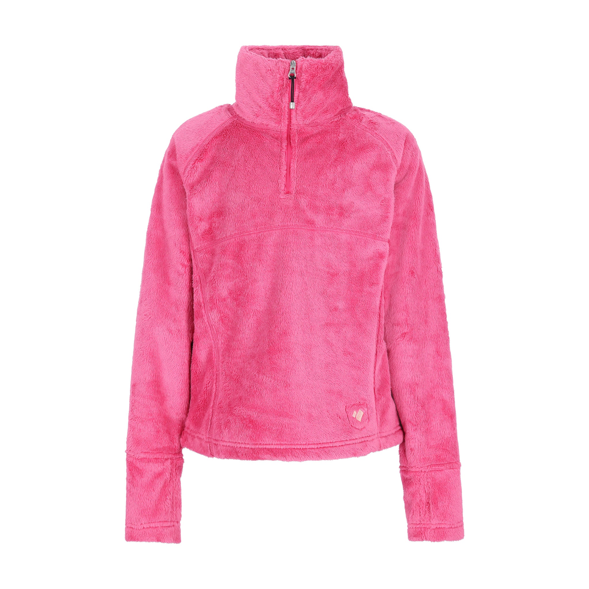 Obermeyer Girl's Furry Fleece Top 2025 - A bright pink fleece top with a high collar and zipper at the neck, featuring a small logo on the bottom right side.