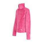 Obermeyer Girl's Furry Fleece Top 2025 - A bright pink fleece top with a high collar and zipper closure, featuring a small embroidered logo on the bottom left side.