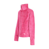 Obermeyer Girl's Furry Fleece Top 2025 - A bright pink fleece top with a high collar and zipper closure, featuring a small embroidered logo on the bottom left side.