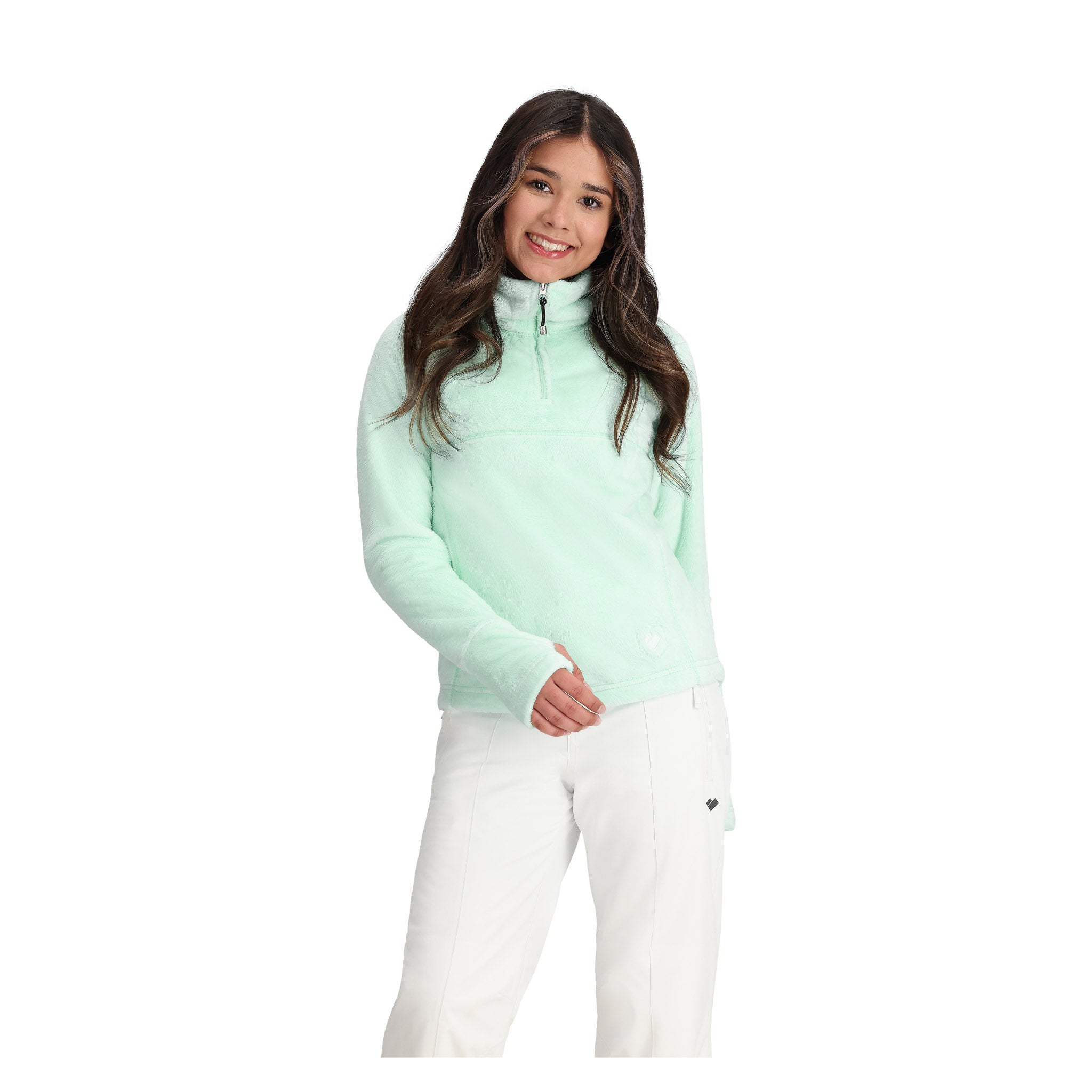 Obermeyer Girl's Furry Fleece Top 2025 - A mint green fleece top with a high collar and zipper closure.
