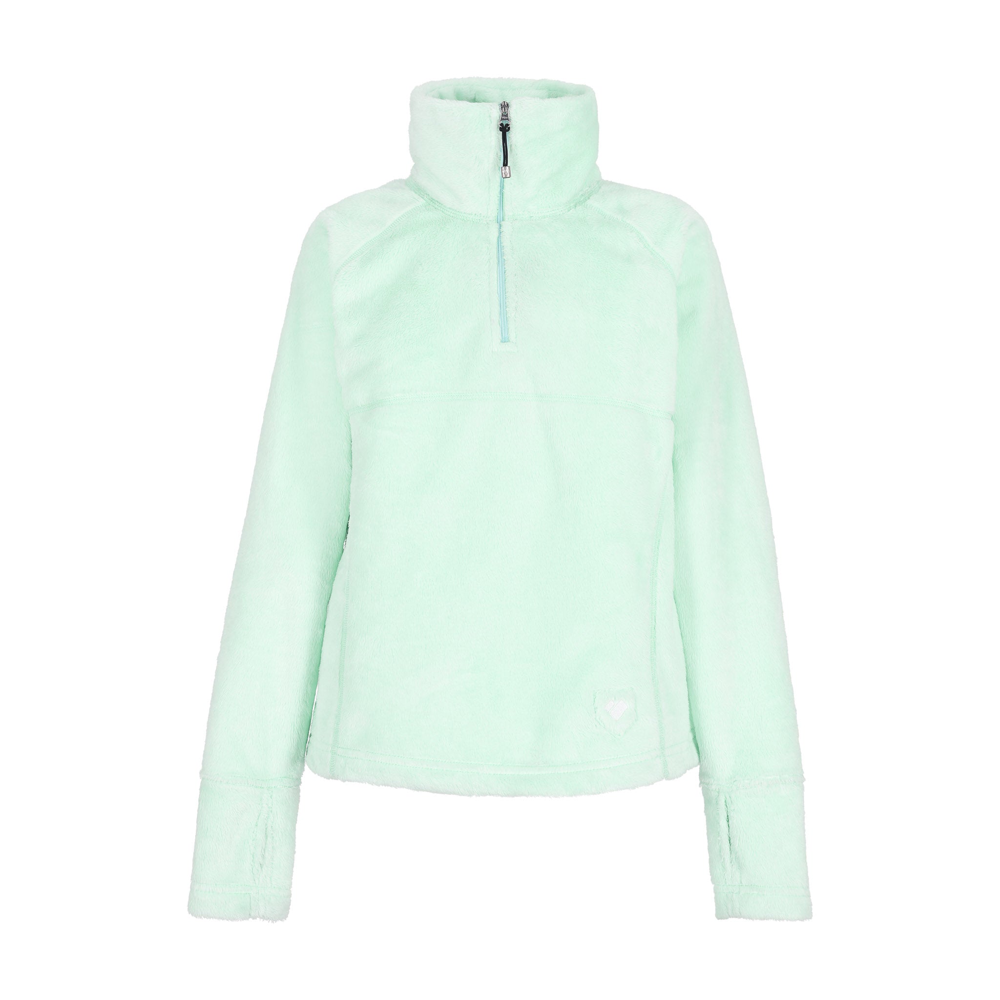 Obermeyer Girl's Furry Fleece Top 2025 - A mint green fleece top with a high collar and zipper closure, featuring a small white logo on the bottom right side.