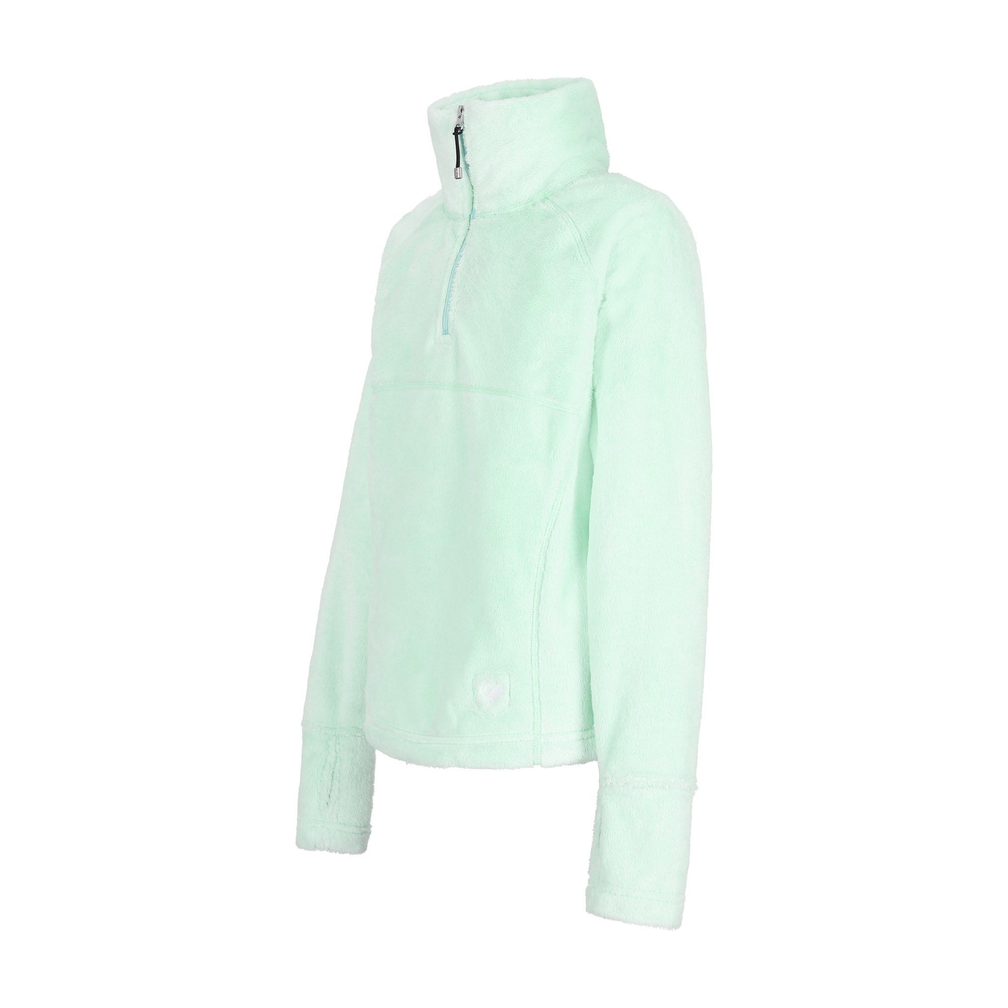 Obermeyer Girl's Furry Fleece Top 2025 - A mint green fleece top with a furry texture and a high collar, featuring a zipper at the neck.