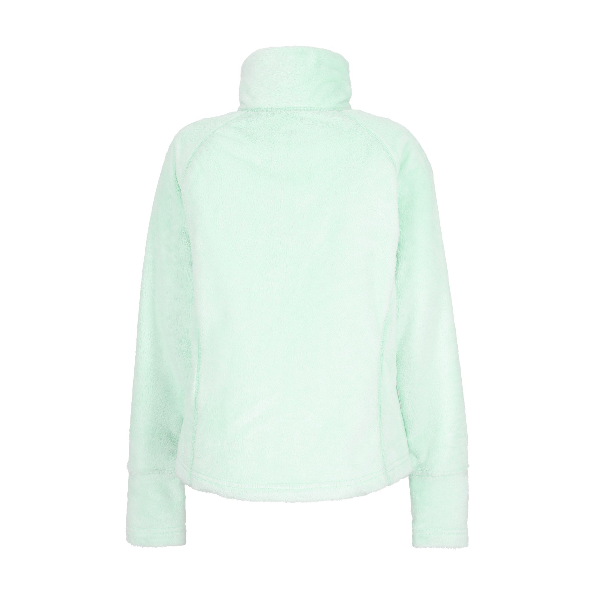 Obermeyer Girl's Furry Fleece Top 2025 - A mint green fleece top with a high collar and long sleeves, featuring a furry texture on the shoulders and upper arms.